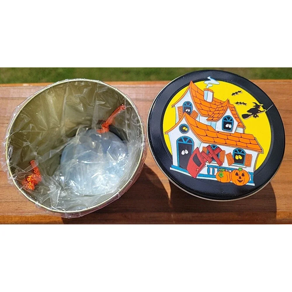 Vtg The Tin Box Company Halloween Metal Box Round Cat Pumpkin Witch & small tins